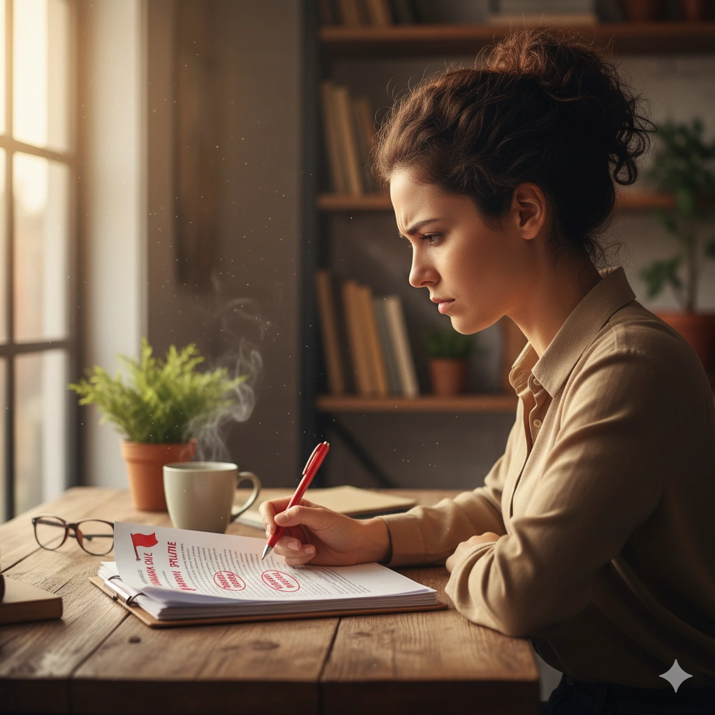 An image showing a person looking for red flags in a job offer.